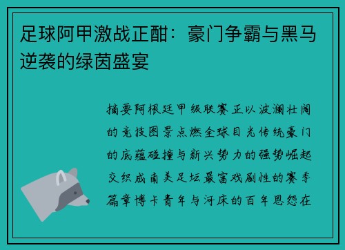 足球阿甲激战正酣：豪门争霸与黑马逆袭的绿茵盛宴