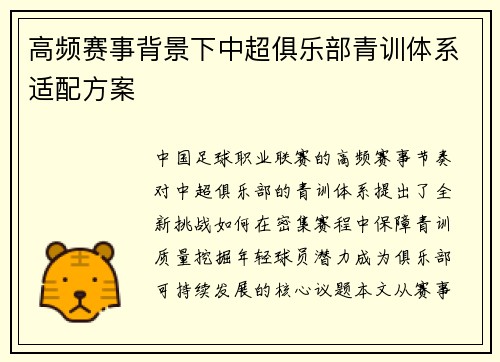 高频赛事背景下中超俱乐部青训体系适配方案