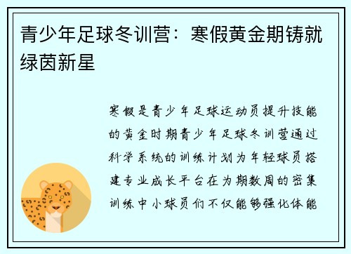 青少年足球冬训营：寒假黄金期铸就绿茵新星
